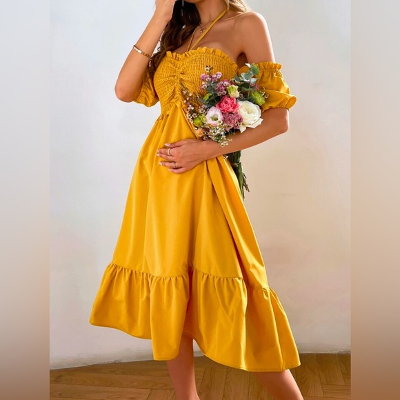 Shirred Frill Trim Tie Back Ruffle Hem Dress - Yellow - Picture 3 of 5